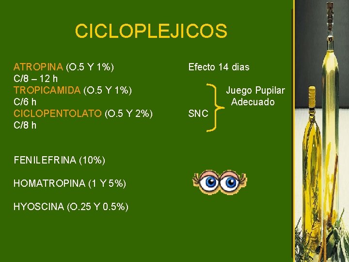 CICLOPLEJICOS ATROPINA (O. 5 Y 1%) C/8 – 12 h TROPICAMIDA (O. 5 Y