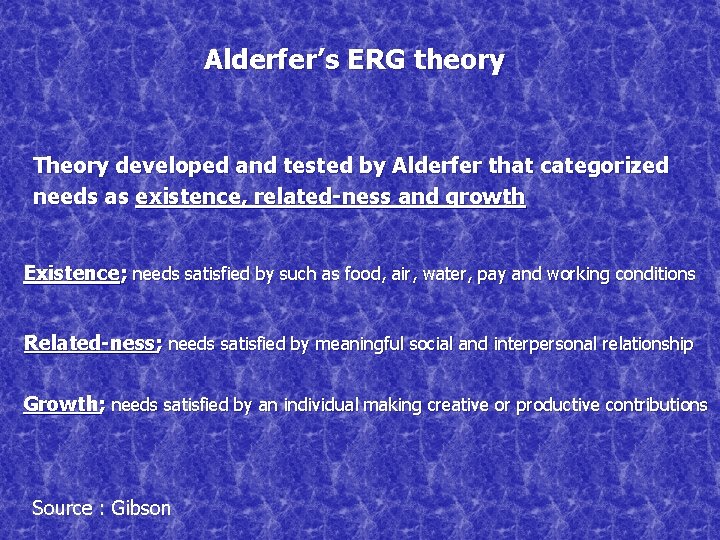 Alderfer’s ERG theory Theory developed and tested by Alderfer that categorized needs as existence,