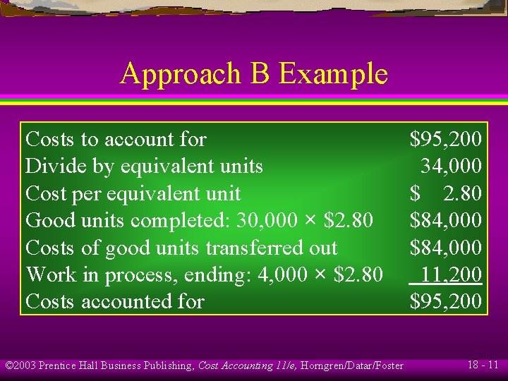 Approach B Example Costs to account for Divide by equivalent units Cost per equivalent Approach B Example Costs to account for Divide by equivalent units Cost per equivalent