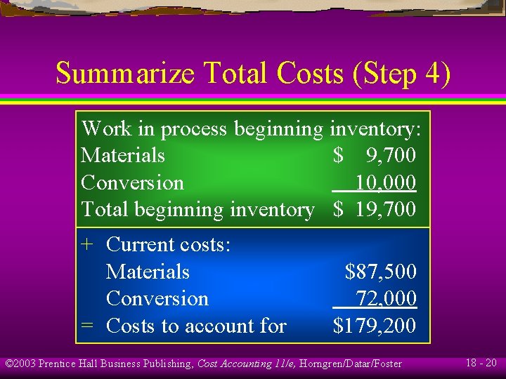 Summarize Total Costs (Step 4) Work in process beginning inventory: Materials $ 9, 700 Summarize Total Costs (Step 4) Work in process beginning inventory: Materials $ 9, 700