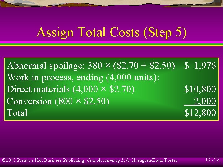 Assign Total Costs (Step 5) Abnormal spoilage: 380 × ($2. 70 + $2. 50) Assign Total Costs (Step 5) Abnormal spoilage: 380 × ($2. 70 + $2. 50)