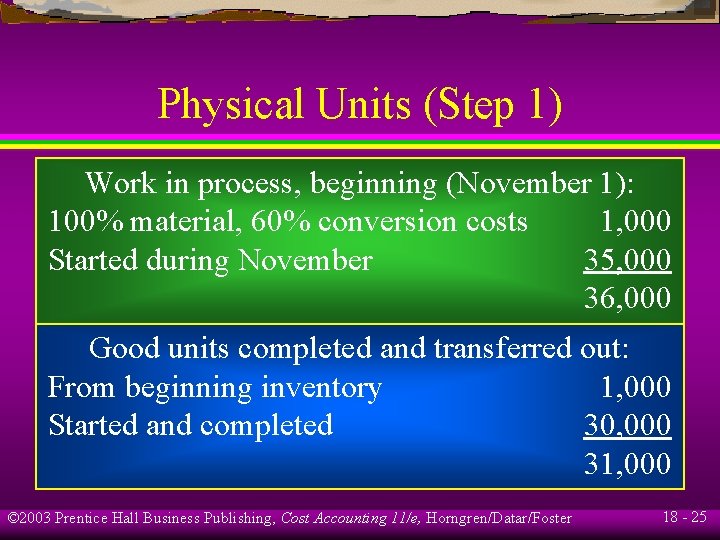 Physical Units (Step 1) Work in process, beginning (November 1): 100% material, 60% conversion Physical Units (Step 1) Work in process, beginning (November 1): 100% material, 60% conversion