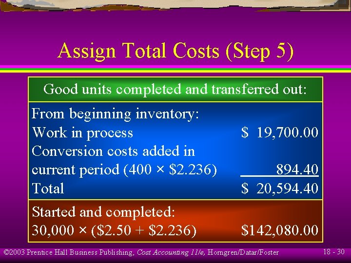 Assign Total Costs (Step 5) Good units completed and transferred out: From beginning inventory: Assign Total Costs (Step 5) Good units completed and transferred out: From beginning inventory: