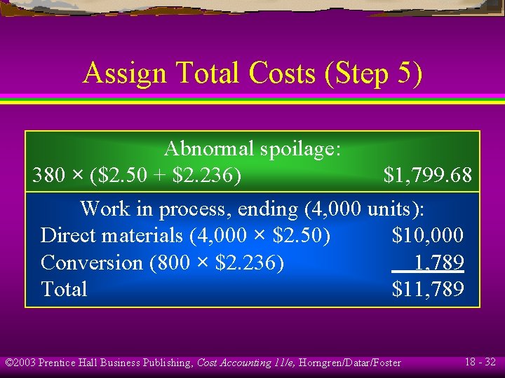 Assign Total Costs (Step 5) Abnormal spoilage: 380 × ($2. 50 + $2. 236) Assign Total Costs (Step 5) Abnormal spoilage: 380 × ($2. 50 + $2. 236)