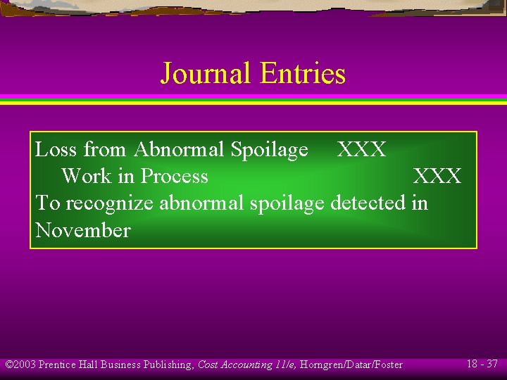 Journal Entries Loss from Abnormal Spoilage XXX Work in Process XXX To recognize abnormal Journal Entries Loss from Abnormal Spoilage XXX Work in Process XXX To recognize abnormal