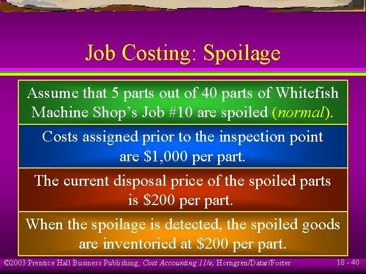 Job Costing: Spoilage Assume that 5 parts out of 40 parts of Whitefish Machine Job Costing: Spoilage Assume that 5 parts out of 40 parts of Whitefish Machine