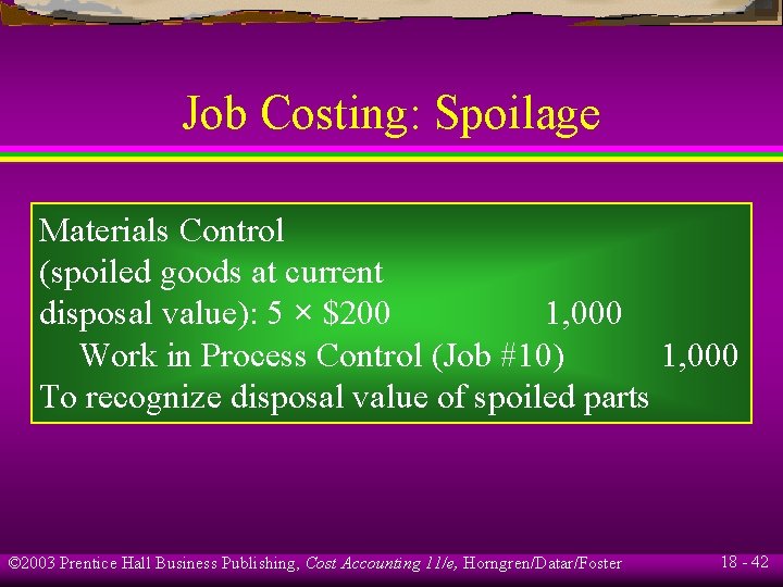 Job Costing: Spoilage Materials Control (spoiled goods at current disposal value): 5 × $200 Job Costing: Spoilage Materials Control (spoiled goods at current disposal value): 5 × $200