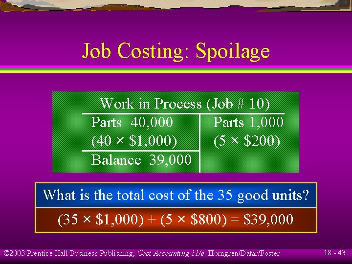 Job Costing: Spoilage Work in Process (Job # 10) Parts 40, 000 Parts 1, Job Costing: Spoilage Work in Process (Job # 10) Parts 40, 000 Parts 1,