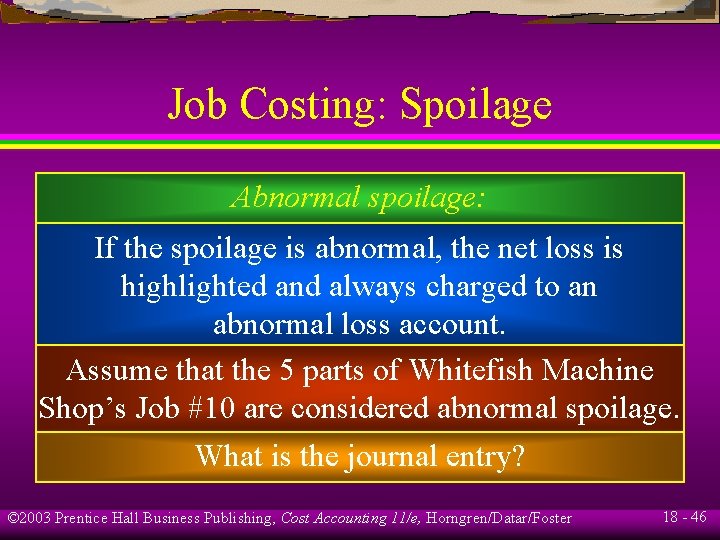 Job Costing: Spoilage Abnormal spoilage: If the spoilage is abnormal, the net loss is Job Costing: Spoilage Abnormal spoilage: If the spoilage is abnormal, the net loss is