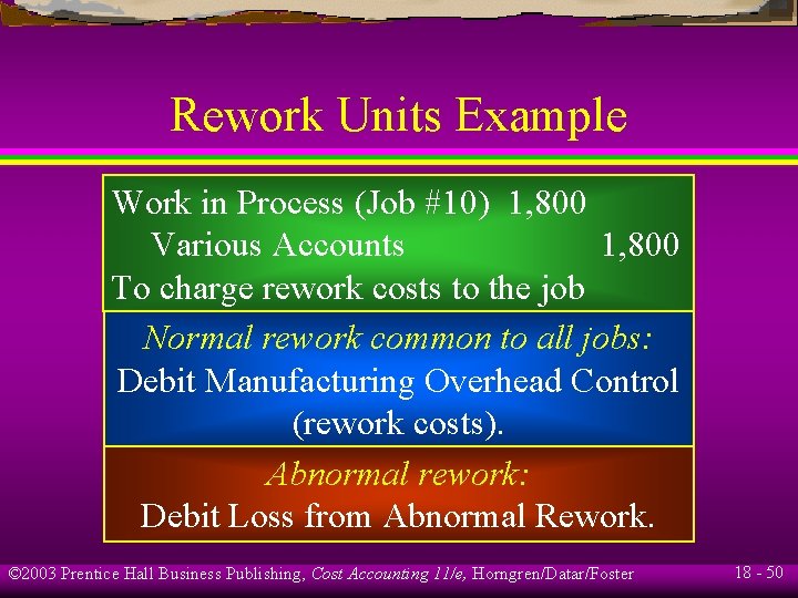 Rework Units Example Work in Process (Job #10) 1, 800 Various Accounts 1, 800 Rework Units Example Work in Process (Job #10) 1, 800 Various Accounts 1, 800