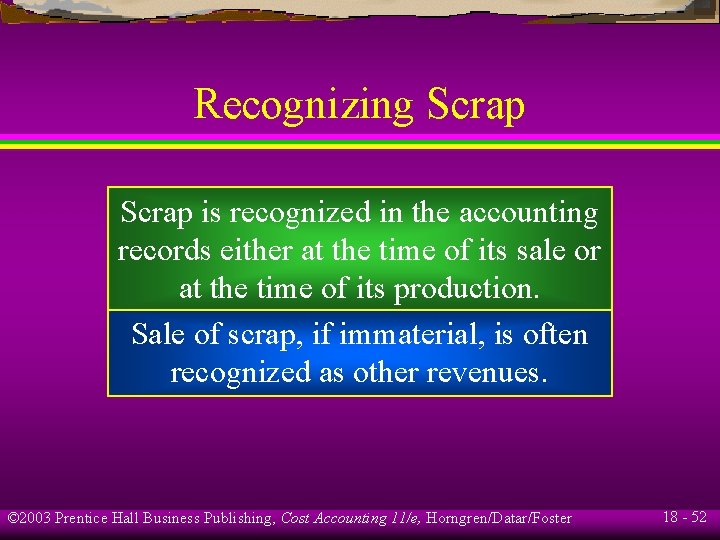 Recognizing Scrap is recognized in the accounting records either at the time of its Recognizing Scrap is recognized in the accounting records either at the time of its