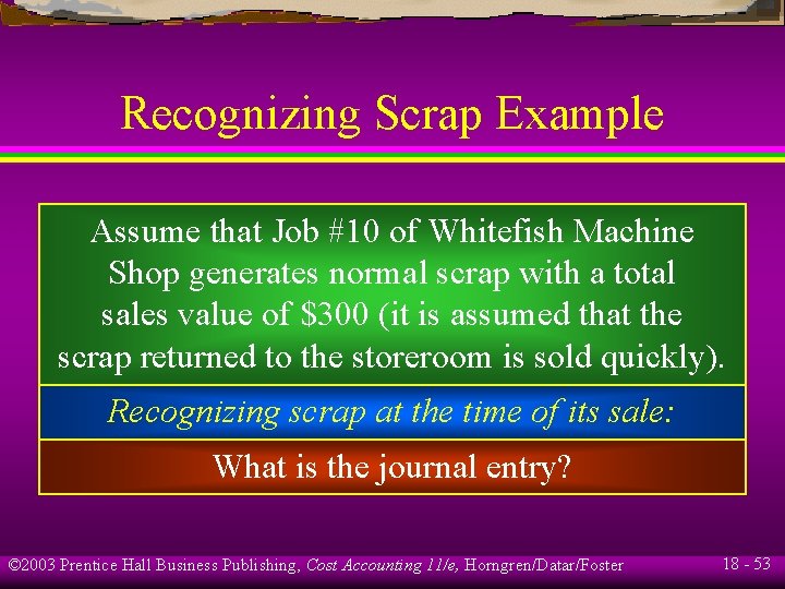 Recognizing Scrap Example Assume that Job #10 of Whitefish Machine Shop generates normal scrap Recognizing Scrap Example Assume that Job #10 of Whitefish Machine Shop generates normal scrap