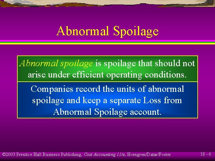 Abnormal Spoilage Abnormal spoilage is spoilage that should not arise under efficient operating conditions. Abnormal Spoilage Abnormal spoilage is spoilage that should not arise under efficient operating conditions.