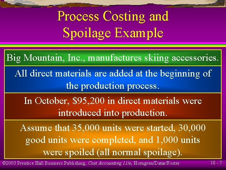 Process Costing and Spoilage Example Big Mountain, Inc. , manufactures skiing accessories. All direct Process Costing and Spoilage Example Big Mountain, Inc. , manufactures skiing accessories. All direct