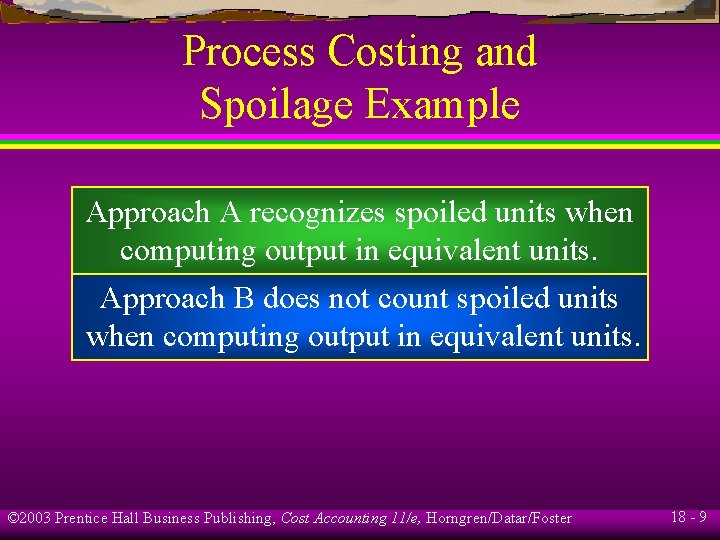 Process Costing and Spoilage Example Approach A recognizes spoiled units when computing output in Process Costing and Spoilage Example Approach A recognizes spoiled units when computing output in