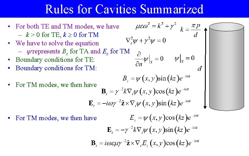 Rules for Cavities Summarized • For both TE and TM modes, we have –