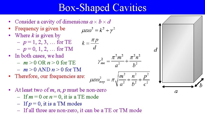 Box-Shaped Cavities • Consider a cavity of dimensions a b d • Frequency is