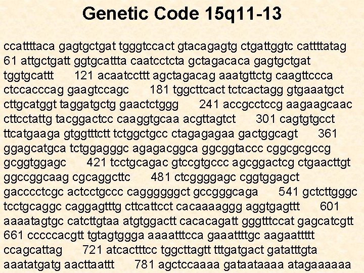 Genetic Code 15 q 11 -13 ccattttaca gagtgctgat tgggtccact gtacagagtg ctgattggtc cattttatag 61 attgctgatt