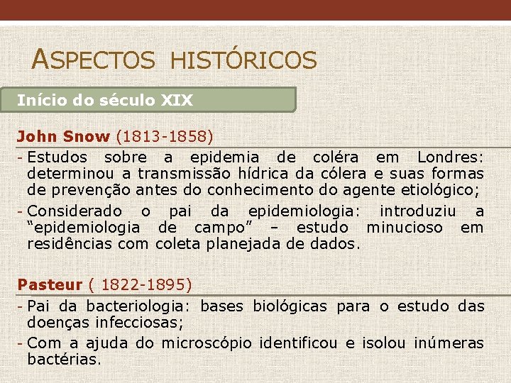 ASPECTOS HISTÓRICOS Início do século XIX John Snow (1813 -1858) - Estudos sobre a