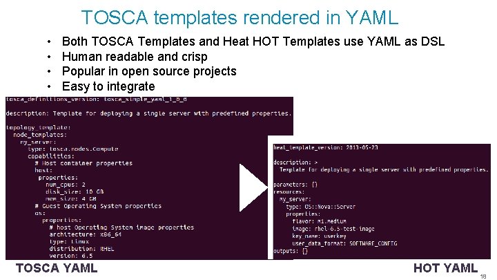 TOSCA templates rendered in YAML • • Both TOSCA Templates and Heat HOT Templates