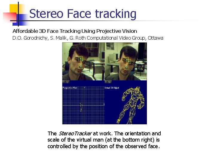 Stereo Face tracking Affordable 3 D Face Tracking Using Projective Vision D. O. Gorodnichy,