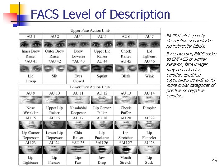 FACS Level of Description FACS itself is purely descriptive and includes no inferential labels.