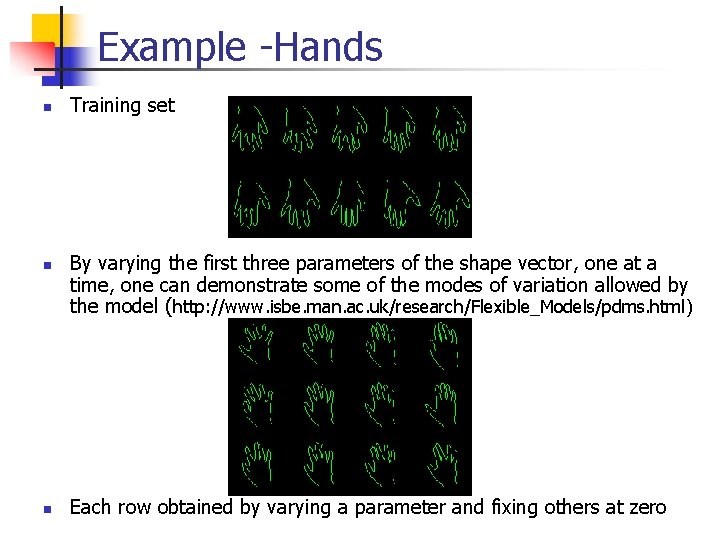 Example -Hands n n Training set By varying the first three parameters of the