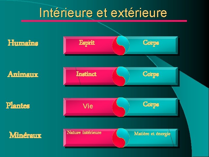 Intérieure et extérieure Humains Esprit Corps Animaux Instinct Corps Vie Corps Plantes Minéraux Nature Intérieure et extérieure Humains Esprit Corps Animaux Instinct Corps Vie Corps Plantes Minéraux Nature