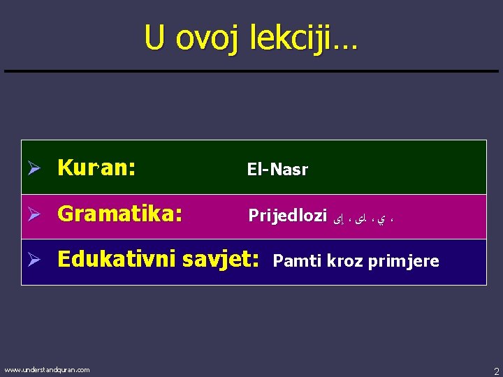 U ovoj lekciji… Ø Kur’an: El-Nasr Ø Gramatika: Prijedlozi ﺇی ، ﻟی ، ﻱ