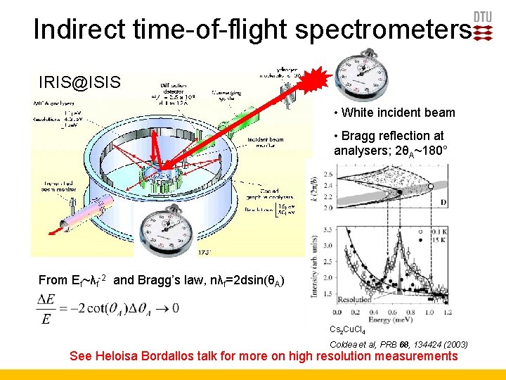 Indirect time-of-flight spectrometers IRIS@ISIS • White incident beam • Bragg reflection at analysers; 2θA~180°