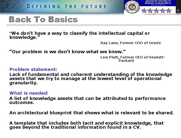 13 Copyright 2004 Northrop Grumman Corporation Back To Basics “We don’t have a way