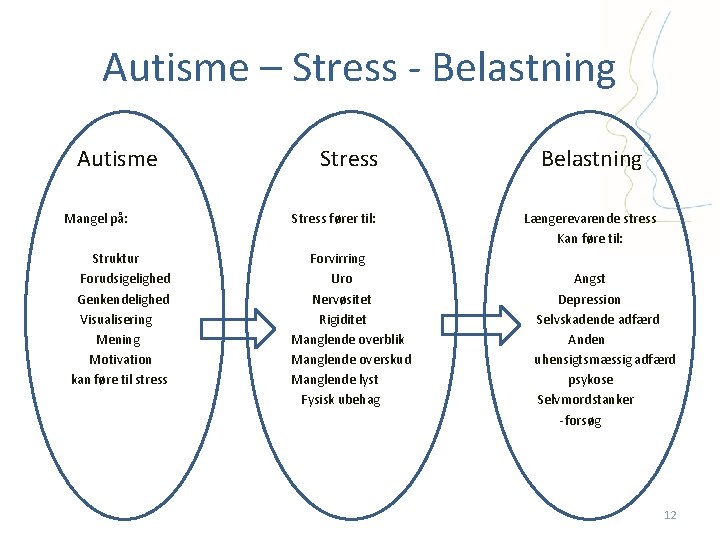 Autisme – Stress - Belastning Autisme Mangel på: Struktur Forudsigelighed Genkendelighed Visualisering Mening Motivation