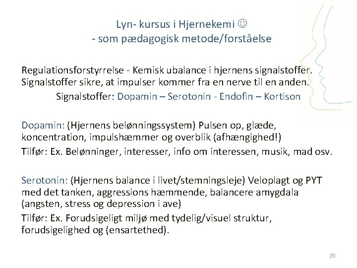 Lyn- kursus i Hjernekemi - som pædagogisk metode/forståelse Regulationsforstyrrelse - Kemisk ubalance i hjernens