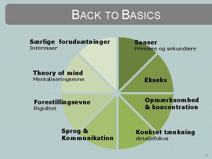 BACK TO BASICS Særlige forudsætninger Interesser Sanser Primære og sekundære Theory of mind Mentaliseringsevne