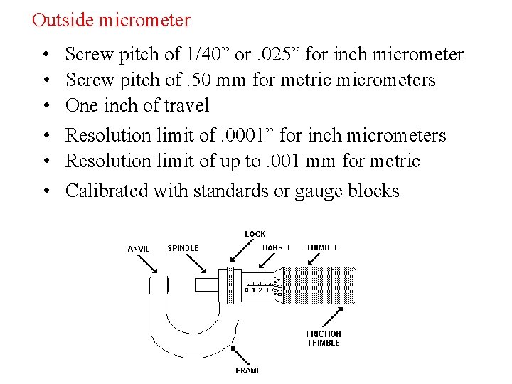 Outside micrometer • • • Screw pitch of 1/40” or. 025” for inch micrometer