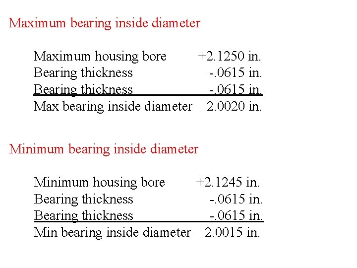 Maximum bearing inside diameter Maximum housing bore +2. 1250 in. Bearing thickness -. 0615