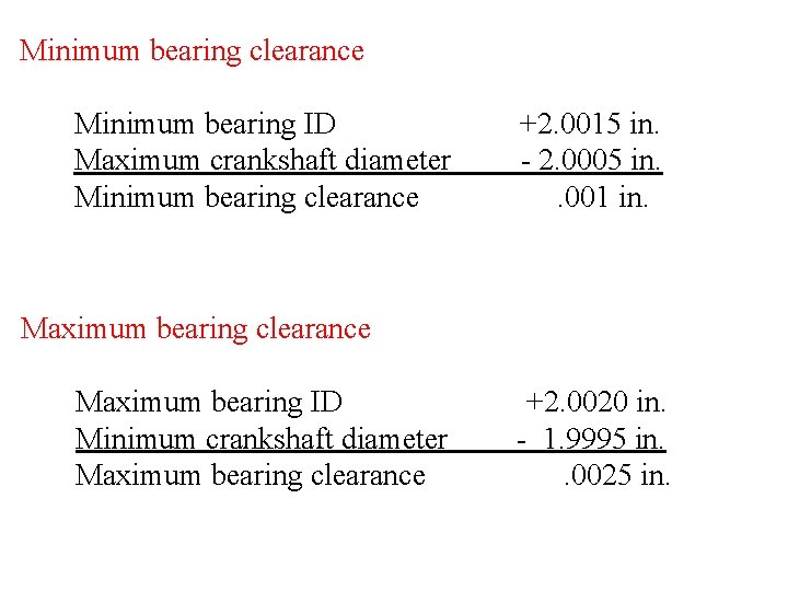 Minimum bearing clearance Minimum bearing ID Maximum crankshaft diameter Minimum bearing clearance +2. 0015