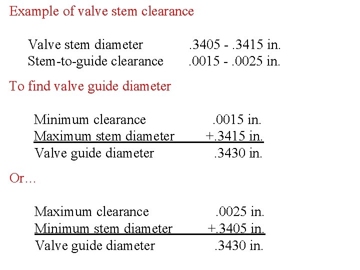 Example of valve stem clearance Valve stem diameter Stem-to-guide clearance . 3405 -. 3415