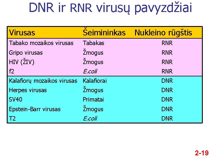 DNR ir RNR virusų pavyzdžiai Virusas Šeimininkas Nukleino rūgštis Tabako mozaikos virusas Tabakas RNR