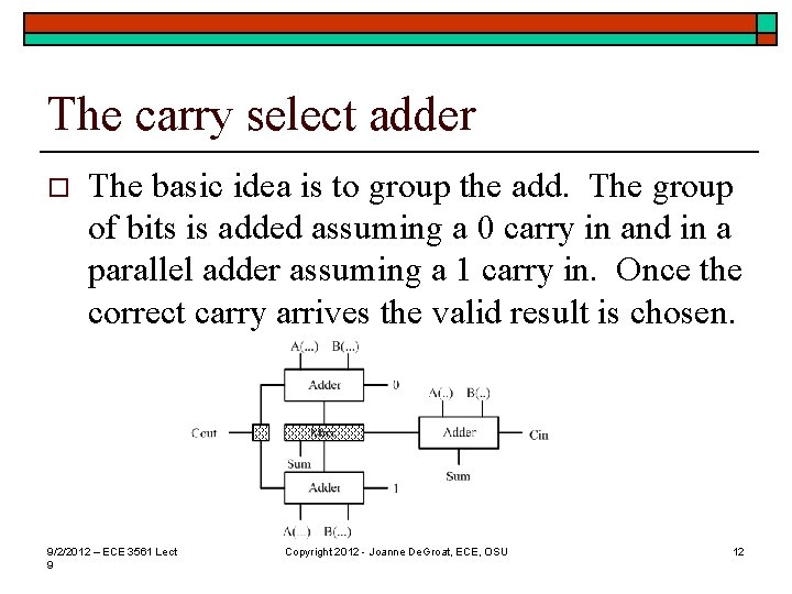 The carry select adder o The basic idea is to group the add. The