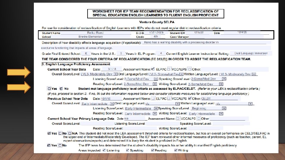 PERFORMANCE ON EL TEST • Show image of bottom half of page one 