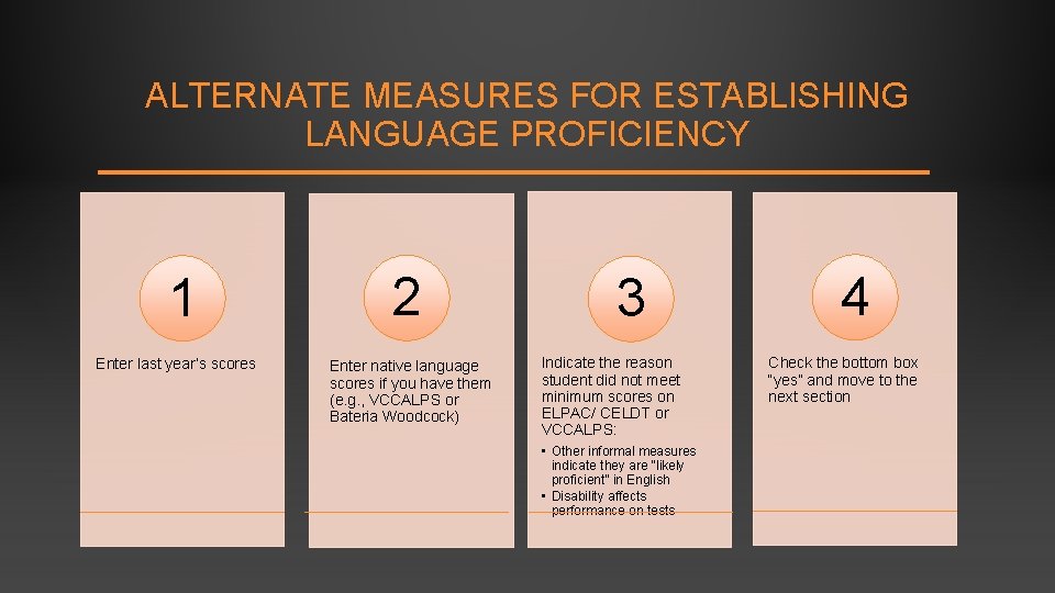 ALTERNATE MEASURES FOR ESTABLISHING LANGUAGE PROFICIENCY 1 Enter last year’s scores 2 Enter native