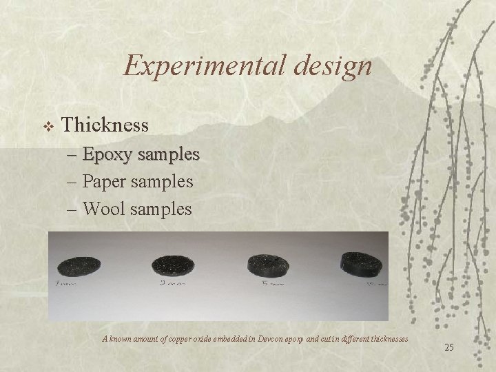 Experimental design v Thickness – Epoxy samples – Paper samples – Wool samples A