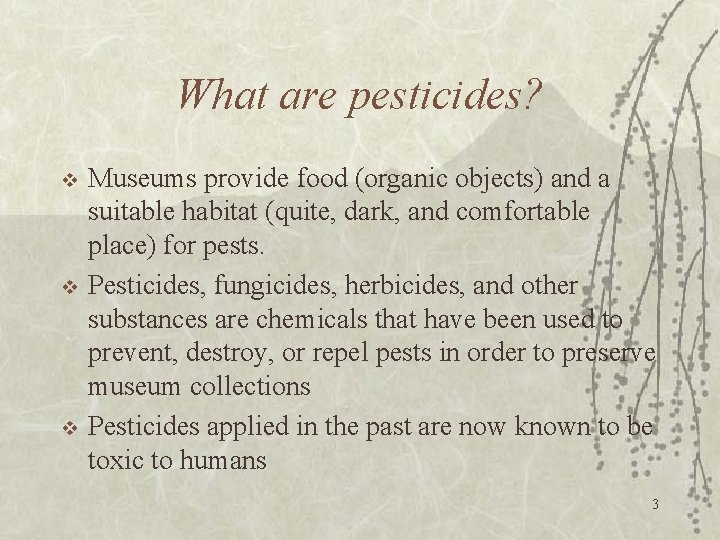 What are pesticides? v v v Museums provide food (organic objects) and a suitable