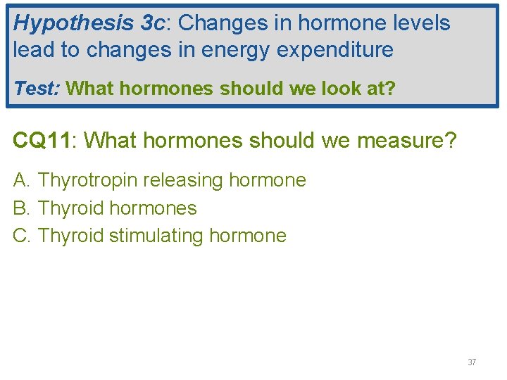 Hypothesis 3 c: Changes in hormone levels lead to changes in energy expenditure Test: