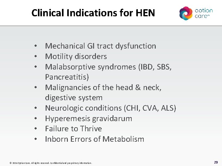 Clinical Indications for HEN • Mechanical GI tract dysfunction • Motility disorders • Malabsorptive