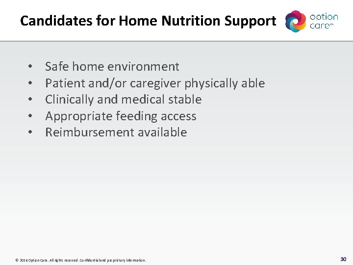 Candidates for Home Nutrition Support • • • Safe home environment Patient and/or caregiver