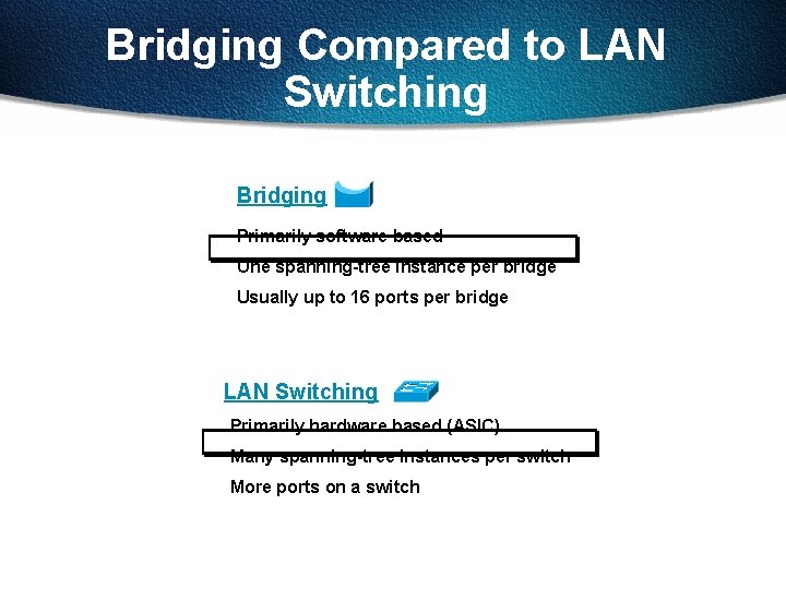 Bridging Compared to LAN Switching Bridging Primarily software based One spanning-tree instance per bridge
