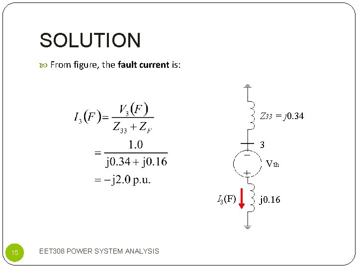 SOLUTION From figure, the fault current is: Z 33 = j 0. 34 3