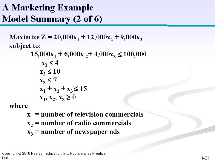 A Marketing Example Model Summary (2 of 6) Maximize Z = 20, 000 x